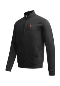 Black zip-up jacket with high collar, long sleeves, side pockets, and small red embroidered logo on the left chest.