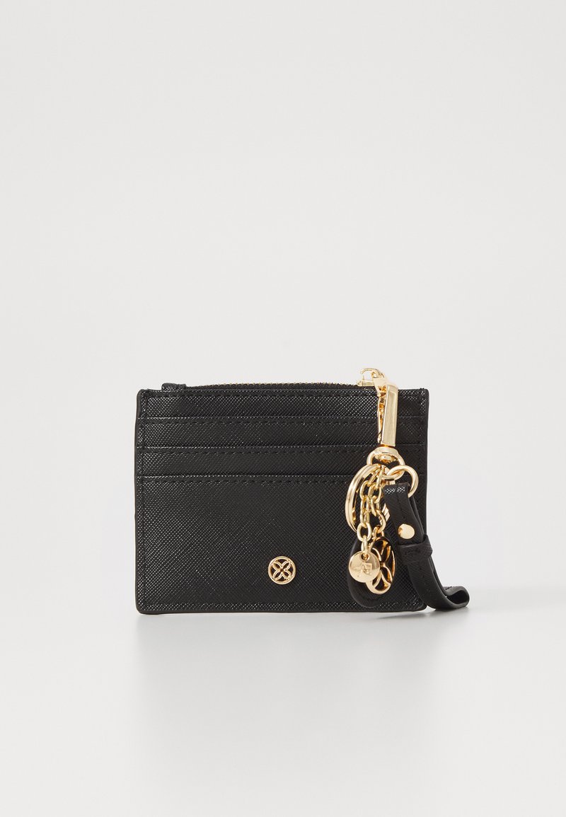 Black textured cardholder with multiple slots, gold hardware, and a decorative keychain. Features a zippered compartment for secure storage.