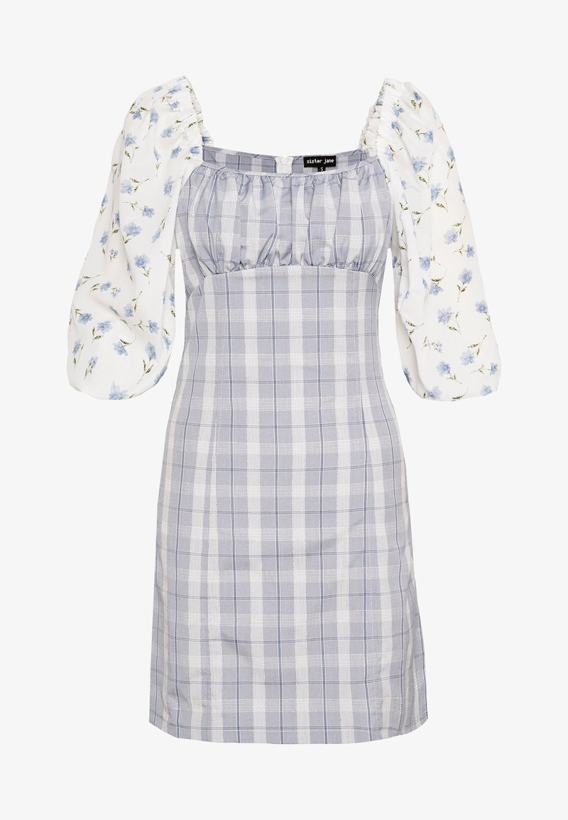 Robe ajustée avec corsage et jupe à carreaux gris, manches bouffantes blanches avec imprimé floral bleu et encolure carrée.