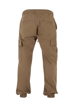Braune Cargo-Hose mit elastischem Bund und Bündchen, mit aufgesetzten Gesäßtaschen und seitlichen Klappentaschen, von hinten gezeigt.