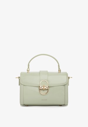 Borsa a mano verde chiaro strutturata con manico superiore, chiusura in metallo color oro e incisione "MIRAGE" al centro anteriore.