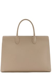 Beige leather tote bag with rounded handles, rectangular shape, textured finish, and contrasting stitching details on the sides.