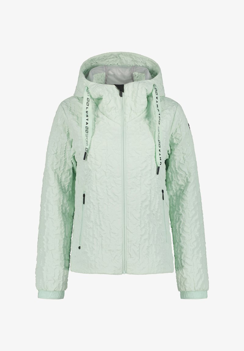 Ljusgrön isolerad jacka med en strukturerad yta, zippered fram, justerbar huva och märkesdragband. Har fickor med dragkedja.