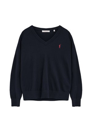 Jersey azul marino con cuello en V, mangas largas y un pequeño logo rojo bordado de un jugador de polo en el pecho izquierdo.