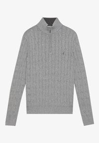 Maglione grigio lavorato a maglia con colletto a zip, caratterizzato da una texture a trecce e orli e polsini a coste. Include un piccolo logo sul petto.