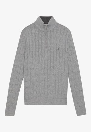 Pull en laine gris tricoté avec un col zippé, présentant une texture en tricot torsadé et un ourlet et des poignets côtelés. Comprend un petit logo sur la poitrine.
