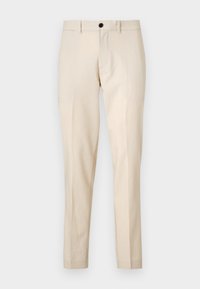 Beige kalhoty vyrobené z hladké tkaniny, s zipem a jediným knoflíkem na zapínání. Přiléhavý střih se rovnými nohavicemi a bez viditelných vzorů.