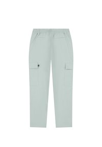Lichtgroene cargobroek met een elastische tailleband, twee zijzakken en twee cargozakken op de dijen. Gladde, lichte stof.