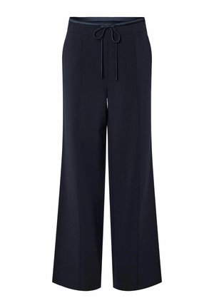 Pantaloni a gamba larga blu navy con vita regolabile, dotati di due tasche laterali, una consistenza liscia e una silhouette dritta.