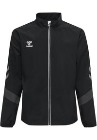 Schwarze Jacke aus leichtem Stoff, ausgestattet mit einem hohen Kragen, einem Frontreißverschluss und grauen Akzenten sowie einem Logo auf der Brust.