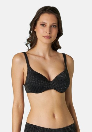 Soutien-gorge nero con texture in rete e piccoli punti dorati, caratterizzato da una scollatura profonda a V, spalline regolabili e supporto con ferretto.