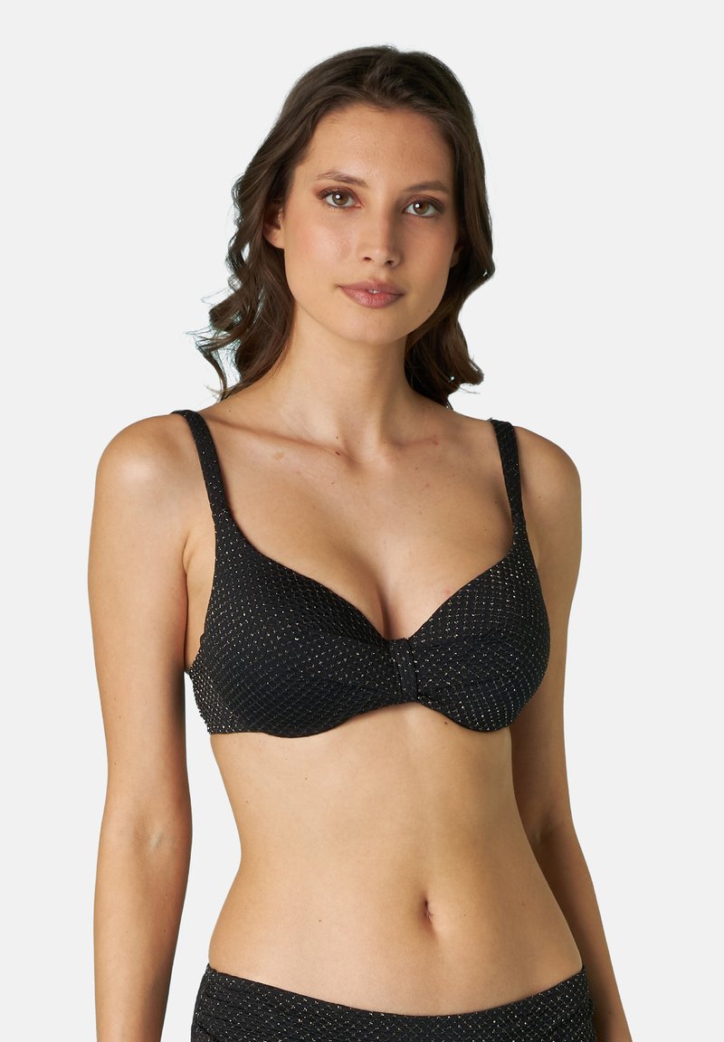 Soutien-gorge nero con texture in rete e piccoli punti dorati, caratterizzato da una scollatura profonda a V, spalline regolabili e supporto con ferretto.