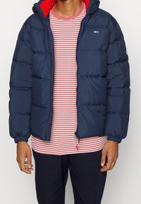 Mörkblå vadderad jacka med röd huvlinnersida, dragkedja, elastiska ärmslut och en logotyp på bröstet. Bärs över en randig tröja.