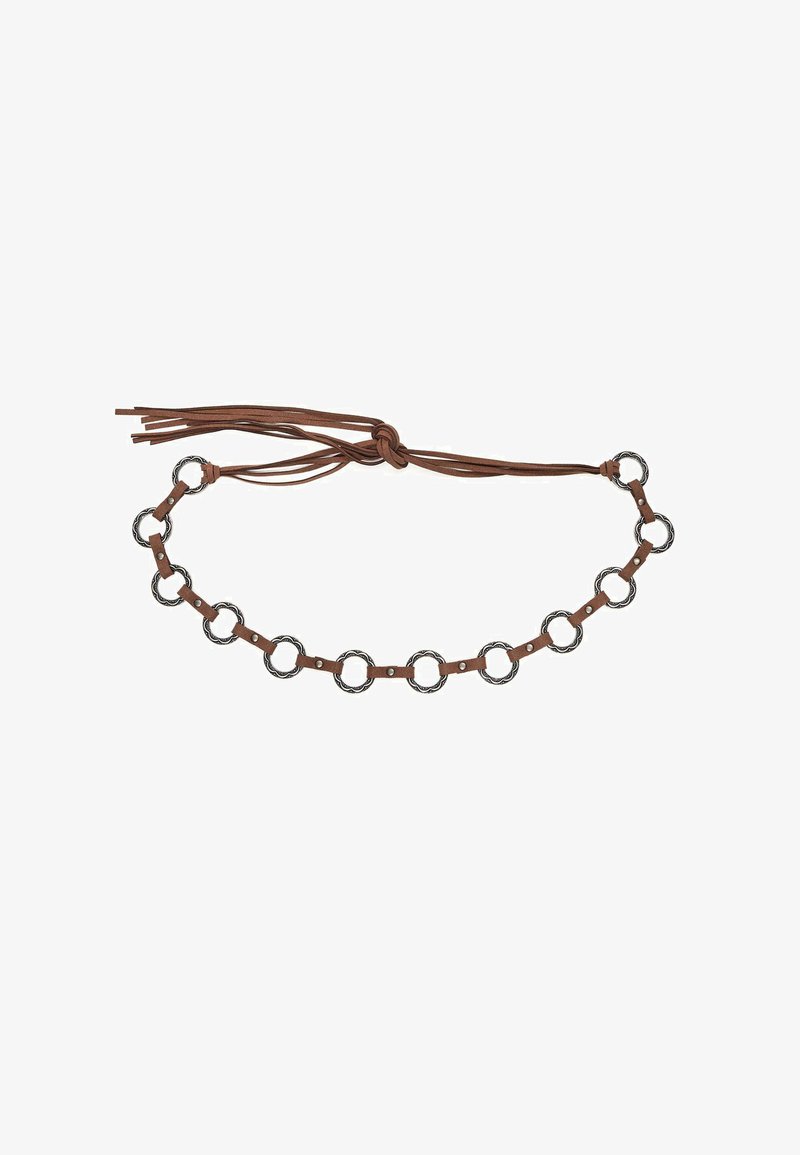 Brown leather belt with silver decorative rings connected by leather strips, tied in a knot with long leather tassels on one end.