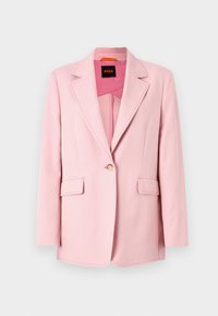 Blazer rosa chiaro con un bottone singolo, reverse a scalino e due tasche frontali. Tessuto liscio con una vestibilità sartoriale e senza motivi visibili.