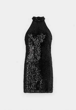 Sort glitrende kjole med høj krave, der danner en tætsiddende silhuet. Stoffet funkler med en reflekterende tekstur og glat overflade.