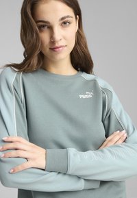 Felpa verde chiaro con accenti sulle maniche di un blu chiaro contrastante. Presenta un collo a giro, un dettaglio con logo e una texture morbida.
