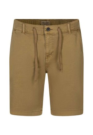 Shorts en coton couleur fauve avec bouton à l'avant, taille à cordon, passants pour ceinture et poches latérales, présentés sur un fond blanc.