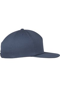 Navy blue cap featuring a flat brim and structured crown, made from a durable fabric with a smooth texture and side ventilation holes.