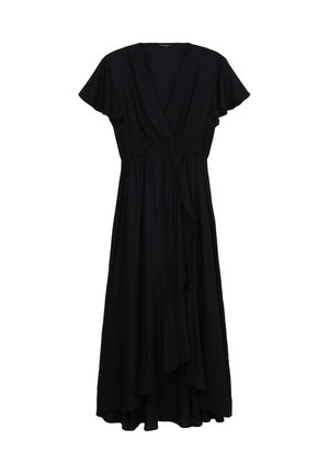 Robe longue noire avec un design portefeuille, manches courtes évasées, et taille froncée. Dotée d'un volant en cascade le long de l'ourlet. Confectionnée en tissu doux.