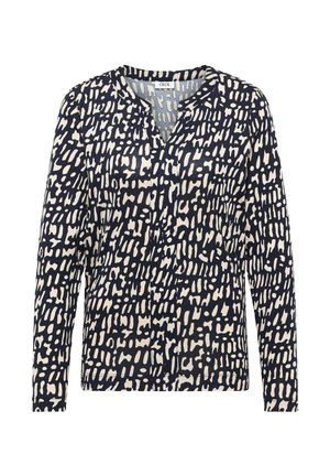 Laivastonsininen pitkähihainen paita pyöreällä pääntiellä, jossa on abstrakti kerma-aiheinen kuvio, pehmeä kangas ja rento istuvuus ilman napillista läppää.