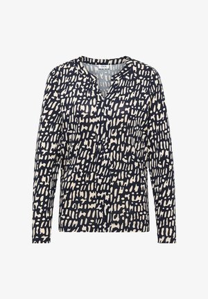 Marineblauw top met lange mouwen en een ronde halslijn, voorzien van een abstract crème patroon, zacht materiaal en een ontspannen pasvorm zonder knoopsluiting.