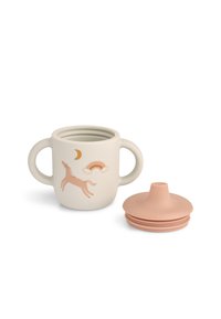 Tasse mit zwei Griffen, cremefarbener Körper, pinkfarbener illustrierter Pferd und Regenbogen-Details. Enthält einen stapelbaren pinken Deckel. Glattes, haltbares Material.