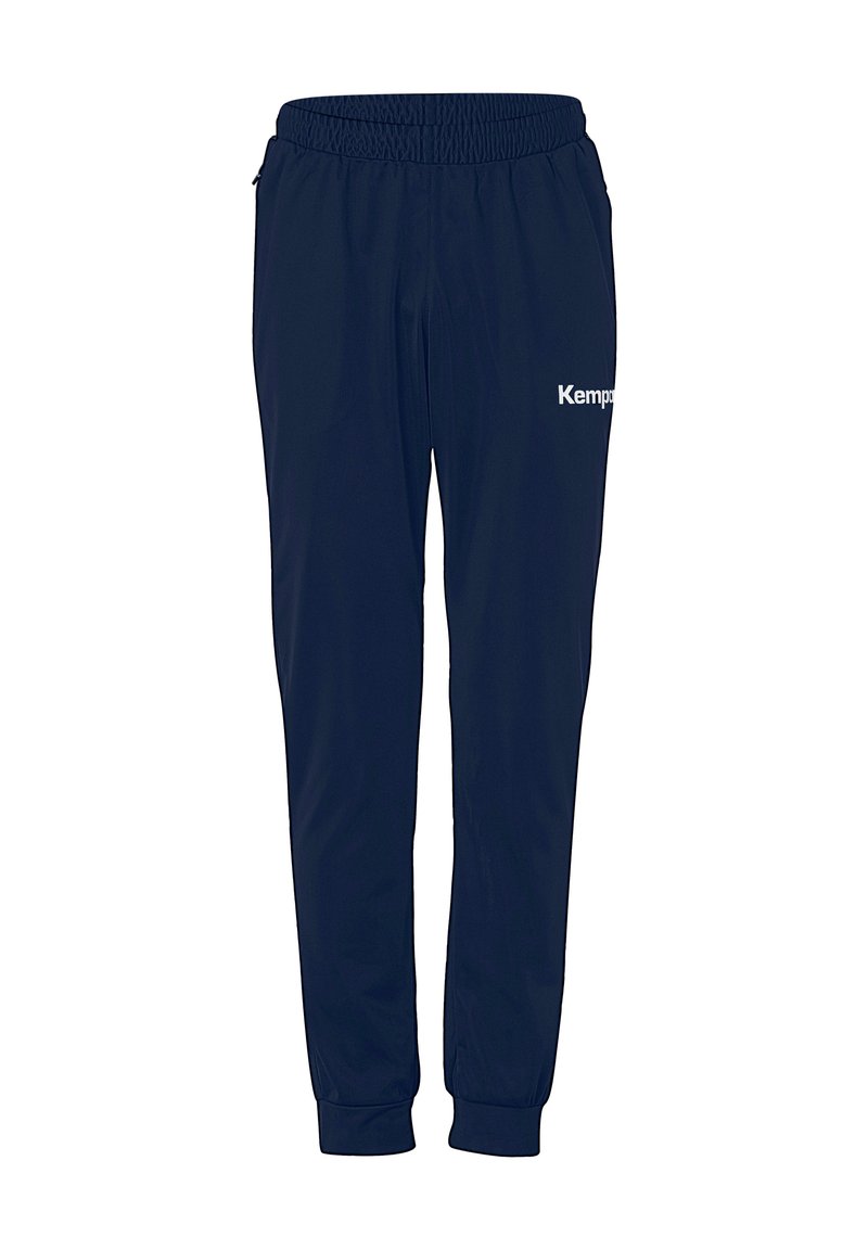 Marine atletiske bukser lavet af letvægtsstof, med elastisk taljebånd, sidelommer og et hvidt "Kemp" logo på venstre hofte.