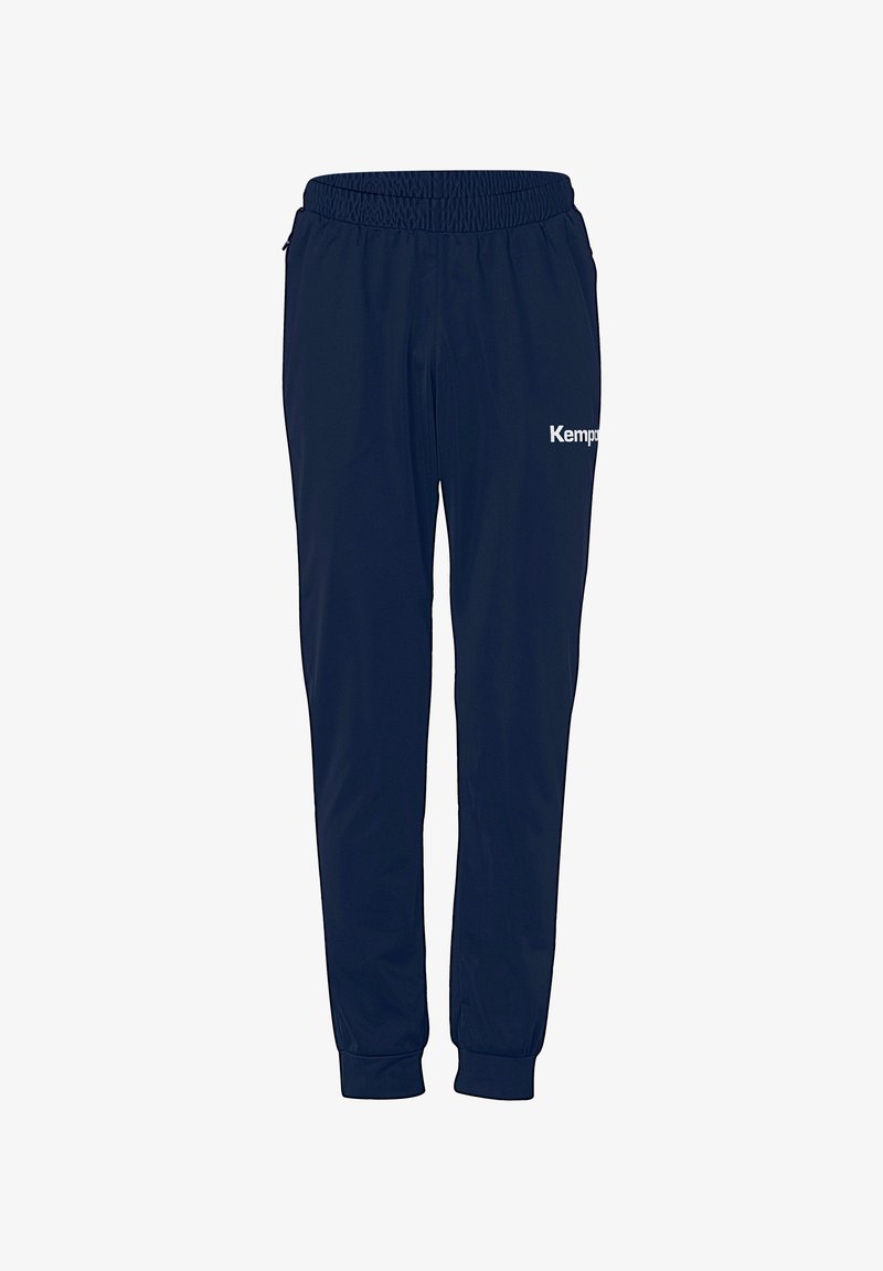 Marine atletiske bukser lavet af letvægtsstof, med elastisk taljebånd, sidelommer og et hvidt "Kemp" logo på venstre hofte.