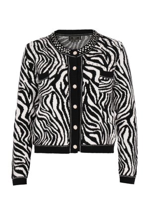 Schwarz-weiß gestreifter Cardigan im Zebramuster aus strukturiertem Strick, mit rundem Ausschnitt, perlenartigen Knöpfen und zwei vorderen Taschen.