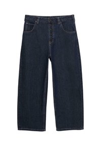 Mørkeblå denim jeans med vide ben, høj talje, fem lommer og knaplukning. Søm med syninger som detalje.