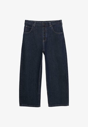 Jean large en denim bleu foncé avec taille haute, cinq poches et fermeture à boutons. Détails de coutures le long des coutures.