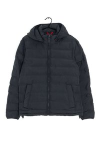 Giacca nera imbottita con cappuccio, dotata di zip frontale, due tasche laterali e texture trapuntata. Realizzata in tessuto leggero.