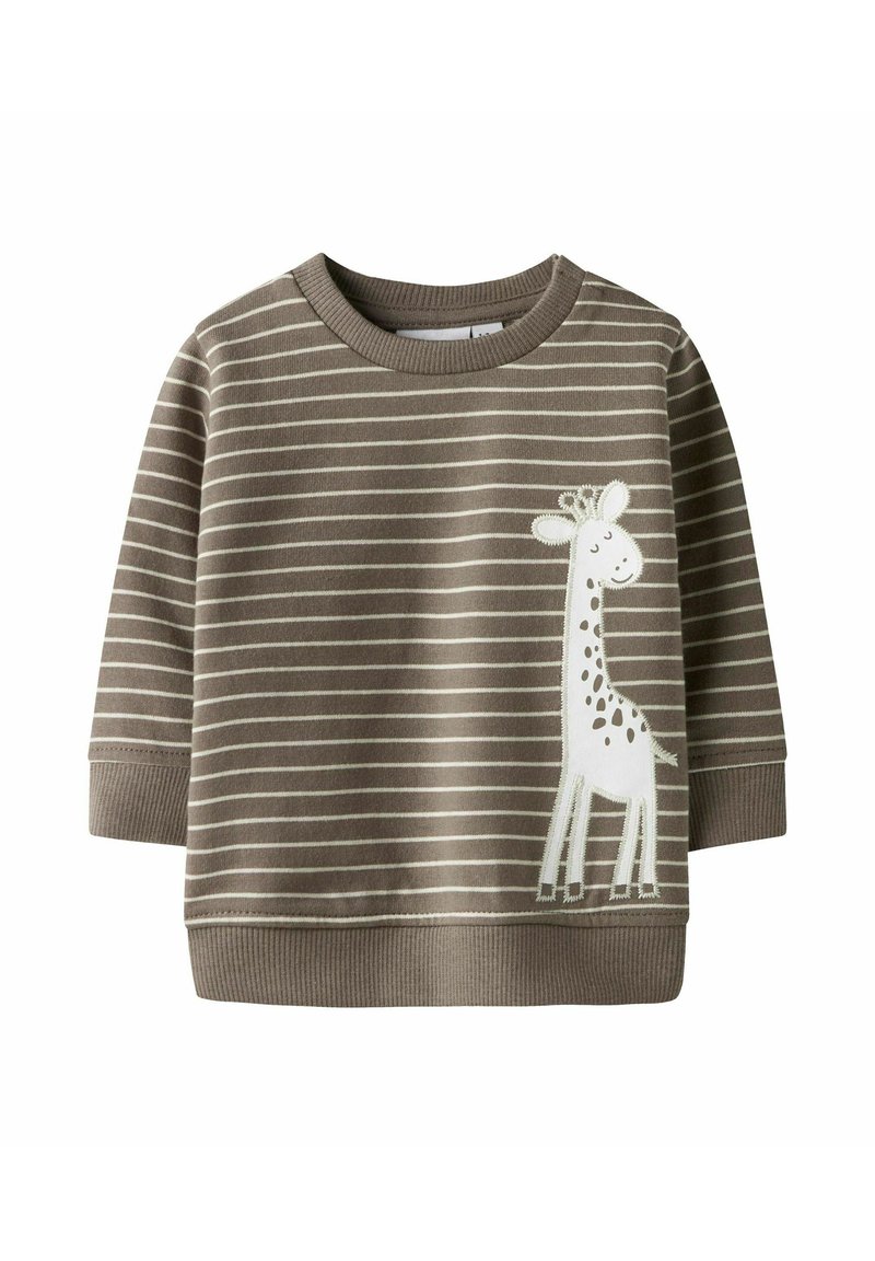Chemise à manches longues pour tout-petit, rayée marron et beige, avec des poignets côtelés et une application d'une girafe souriante sur le côté inférieur droit.