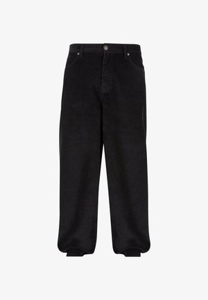 Pantalon en velours côtelé noir avec une coupe ample, doté d'une fermeture à bouton et à zip, de poches avant et d'une texture douce et côtelée.