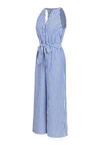 Niebiesko-biały kombinezon bez rękawów z pionowymi paskami, zapinany na guziki z paskiem w talii do wiązania, szerokie spodnie, bez tła.