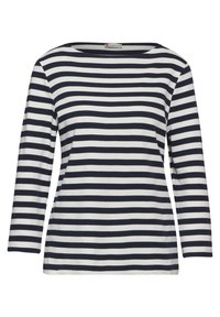 Námořnický a bílý pruhovaný top s dlouhým rukávem a námořnickým výstřihem. Měkký bavlněný materiál s volným střihem. Jednoduchý, horizontální pruhovaný vzor.