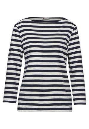 Marineblau- und weiße gestreifte Langarmbluse mit einem Bootsausschnitt. Weiches Baumwollmaterial mit einem entspannten Schnitt. Einfaches, horizontales Streifenmuster.