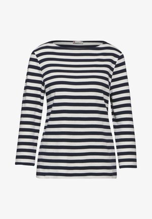 Marineblau- und weiße gestreifte Langarmbluse mit einem Bootsausschnitt. Weiches Baumwollmaterial mit einem entspannten Schnitt. Einfaches, horizontales Streifenmuster.