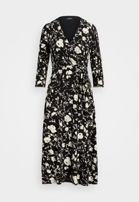 Czarna sukienka o fasonie kopertowym z białym kwiatowym wzorem, długie rękawy, dekolt w serek, regulowany pasek w talii oraz zwiewny dół.