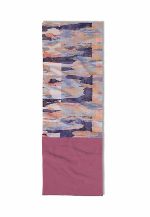 Polaina para el cuello multicolor con un patrón abstracto en tonos púrpura, naranja y azul, y una sección sólida en color malva en la parte inferior.