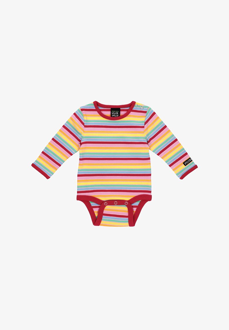 Long-sleeve bodysuit with multicolored horizontal stripes in yellow, pink, blue, and red. Red trim and snap closures at the bottom.