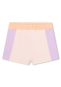 Shorts à taille élastique avec une douce bande pêche, un tissu principal rose clair et des panneaux latéraux lavande. Texture lisse avec des bords cousus.