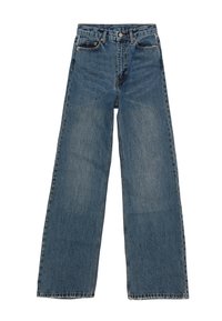 Blauwe denim wijd uitgesneden jeans met een hoge taille, vijf zakken en contrasterende stiksels. Vervagingen en lichte slijtage zichtbaar op de stof.