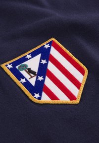 Geborduurd schildpatch met rode en witte strepen, blauwe randen, witte sterren en een boommotief, geplaatst op een marineblauwe achtergrond.