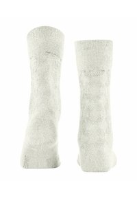 Jasnoszare skarpetki z teksturowanym wzorem, wyposażone w żebrowane mankiety i gładką tkaninę. Subtelne logo wytłoczone w pobliżu kostki.