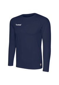 Marineblauwe sportshirt met lange mouwen, gemaakt van lichtgewicht stof. Heeft een ronde halslijn en het "hummel" logo in het wit op de borst.