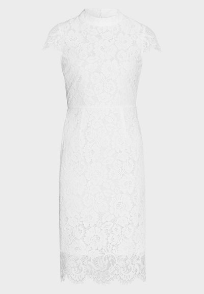 Λευκό φόρεμα δαντέλα μέχρι το γόνατο με κοντά μανίκια, ψηλό λαιμό και λεπτομέρειες με χείλος κυματιστό.