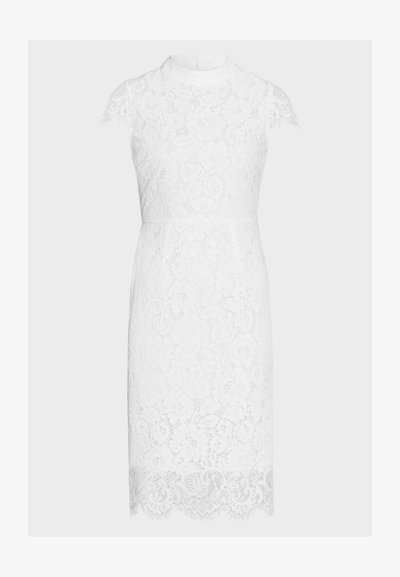 Λευκό φόρεμα δαντέλα μέχρι το γόνατο με κοντά μανίκια, ψηλό λαιμό και λεπτομέρειες με χείλος κυματιστό.
