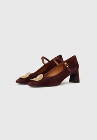 Scarpe in suede bordeaux con punta tonda, tacco basso a blocco e dettagli decorativi in tonalità oro nella parte anteriore. Presentano un cinturino alla caviglia con fibbia.